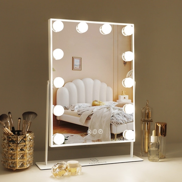 VANITII Hollywood Vanity Makeup Mirror with 12 LED Bulbs 3 Color Lights Metal Tabletop White Small Mirror
