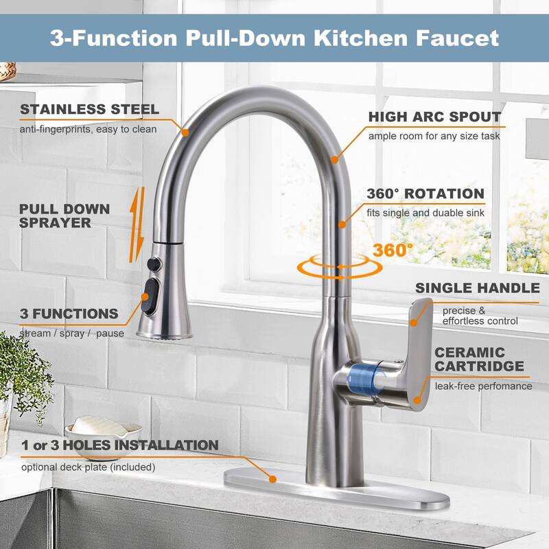 WOWOW 3-Functions Single-Handle Pull Down Sprayer Kitchen Faucet