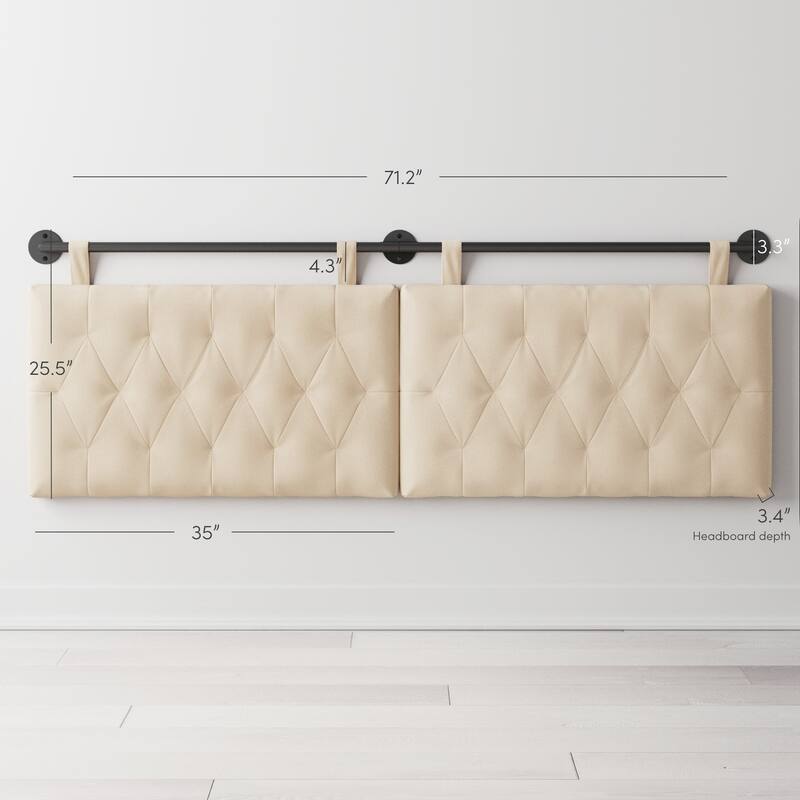 Nathan James Remi Wall Mount Tufted Headboard with Adjustable Straps and Black Metal Rail