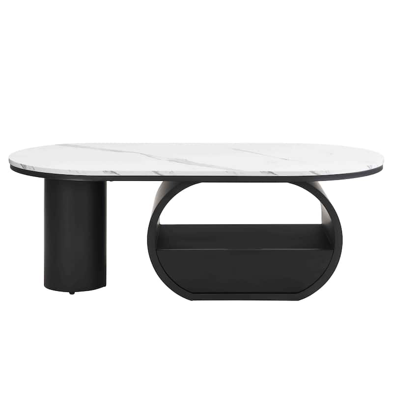 Modern Coffee Table with Storage Drawer & Shelf, Oval Accent Table with Adjustable Feet & Marble Top