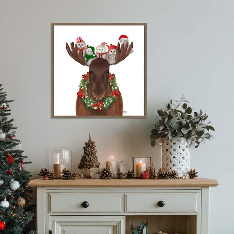 Christmas Moose and Christmas Owls Forward by Fab Funky (22 x 22 in.), Framed Canvas Wall Art Print - Sylvie Dark Gold