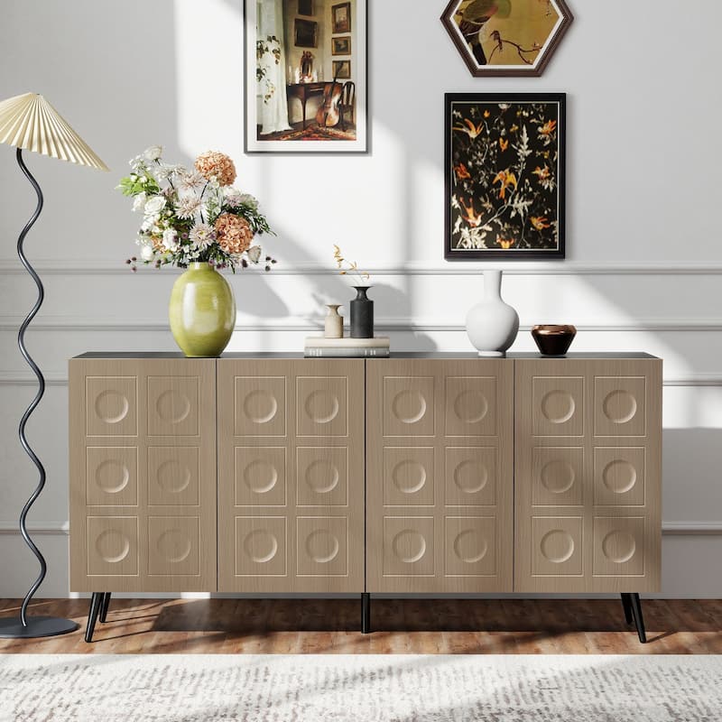 Storage Cabinet Buffet Sideboard with 4 Fluted Doors, Wood Accent Entryway Table with Adjustable Shelves - Multi