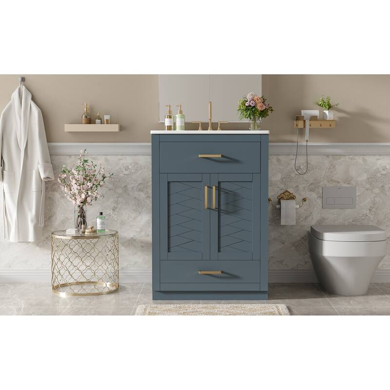 Roomfitters 24 Inch Bathroom Vanity with Integrated Ceramic Sink, Storage Cabinet & Tilt-Down Compartment