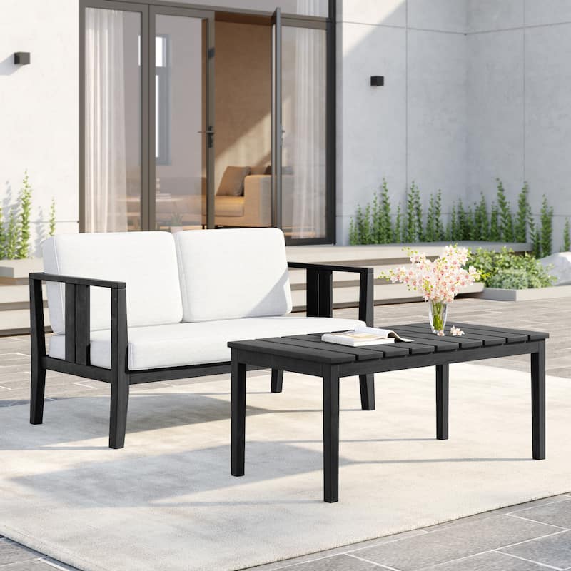 Uixe Teak Patio Loveseat with Coffee Table Outdoor Conversation Set - Black frame-Beige