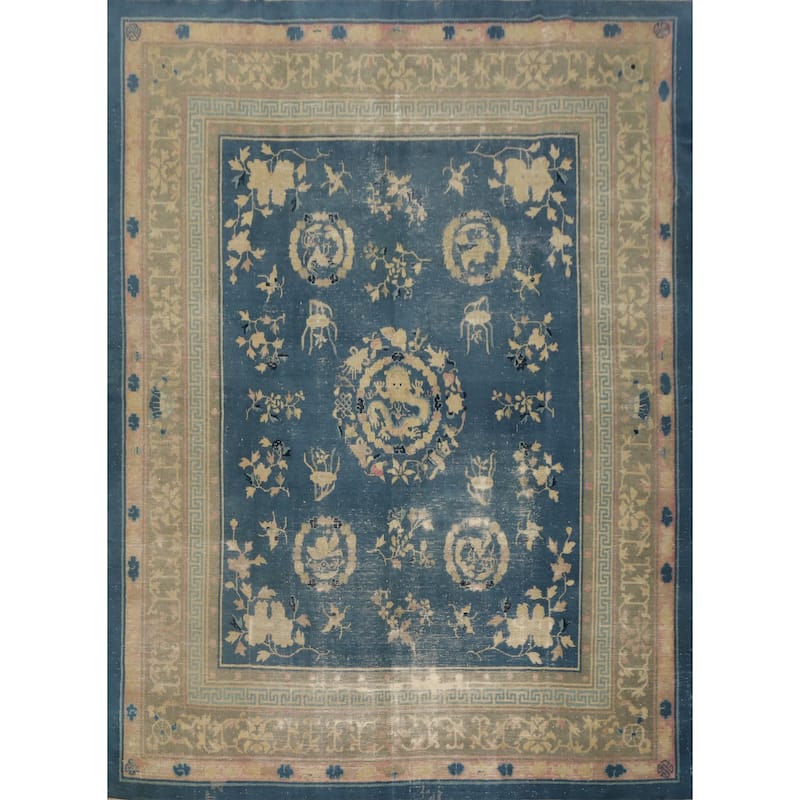 Hand Knotted Oriental 100% Wool Carpet Traditional Medallion Navy Blue & Blues Art Deco Area Rug - 10' 0'' X 8' 10''