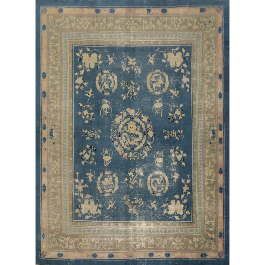 Hand Knotted Oriental 100% Wool Carpet Traditional Medallion Navy Blue & Blues Art Deco Area Rug - 10' 0'' X 8' 10''
