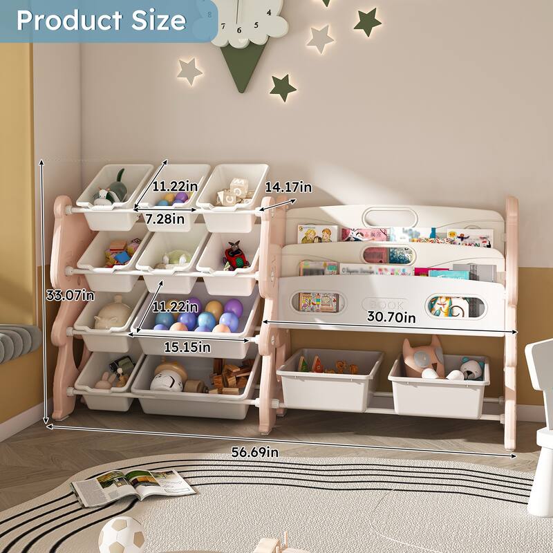 Kids Toy Storage Organizer, Toy Organizer with 2 Tier Bookshelf, Toy Storage with Shelf and 12 Toy Bins
