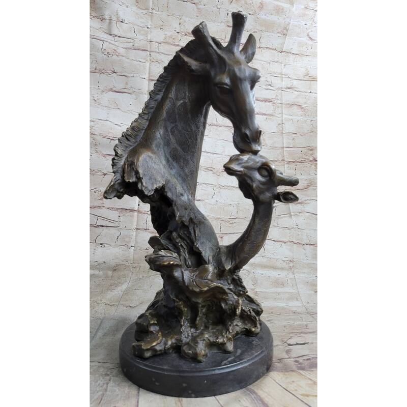 Mother And Baby Giraffe Bronze Bust Sculpture Statue Figure Decor 18 Inches X 9 Inches