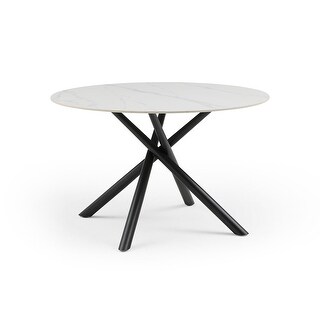 Modern Round Dining Table White Sintered Stone Tabletop with 4pcs Metal ...