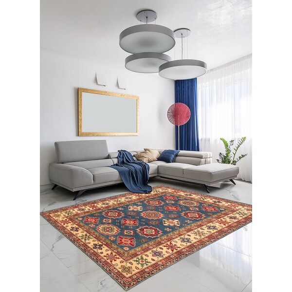 360427 Bedroom Finest Ghazni Geometric Blue Rug 6'9 x 10'0 eCarpet Gallery Large Area Rug for Living Room Hand-Knotted Wool Rug