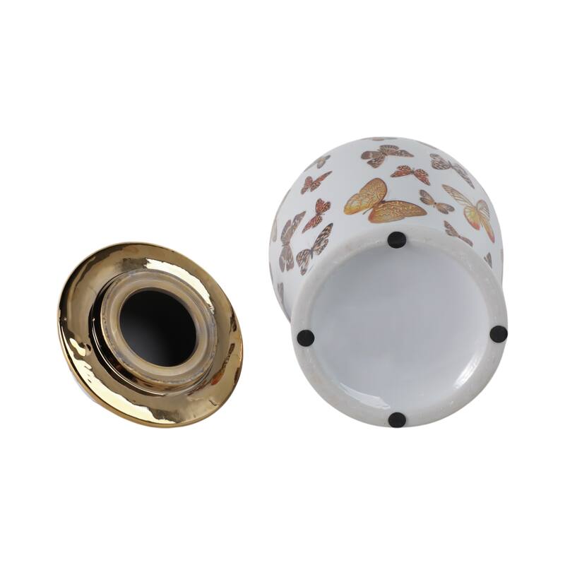 Ceramic Decorative Temple Jar with Lid and Metallic Butterfly Motif