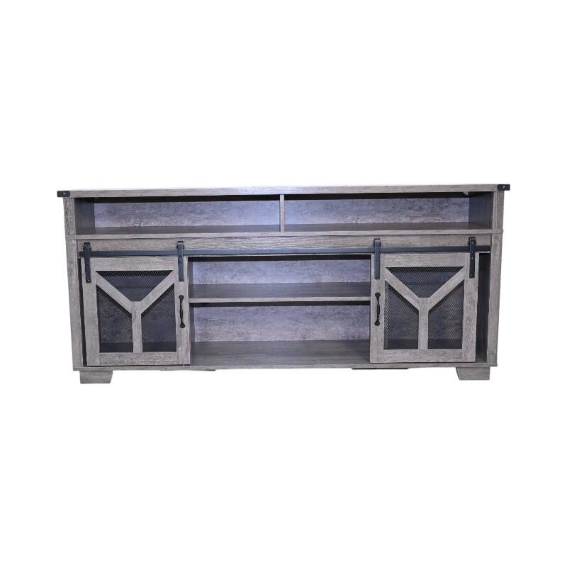Country Style TV Stand LED TV Stand with Lron Mesh Barn Door and Y Decorative Strip, for Living Rooms, Antique Gray