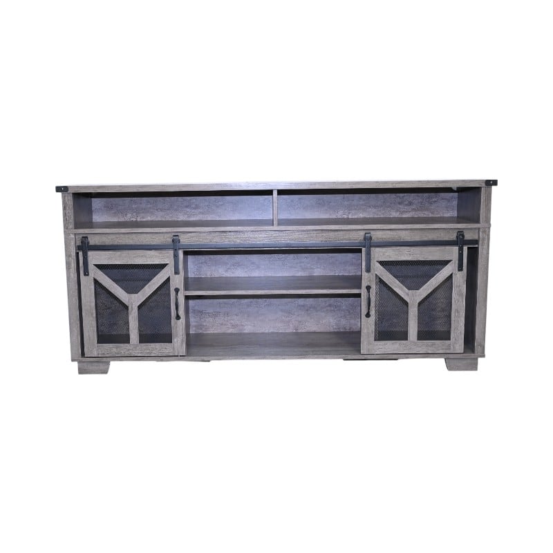 TV Stand with LED Light Strips, Multi-functional Entertainment Center, Console Table with Iron Mesh Barn Door & Open Shelf