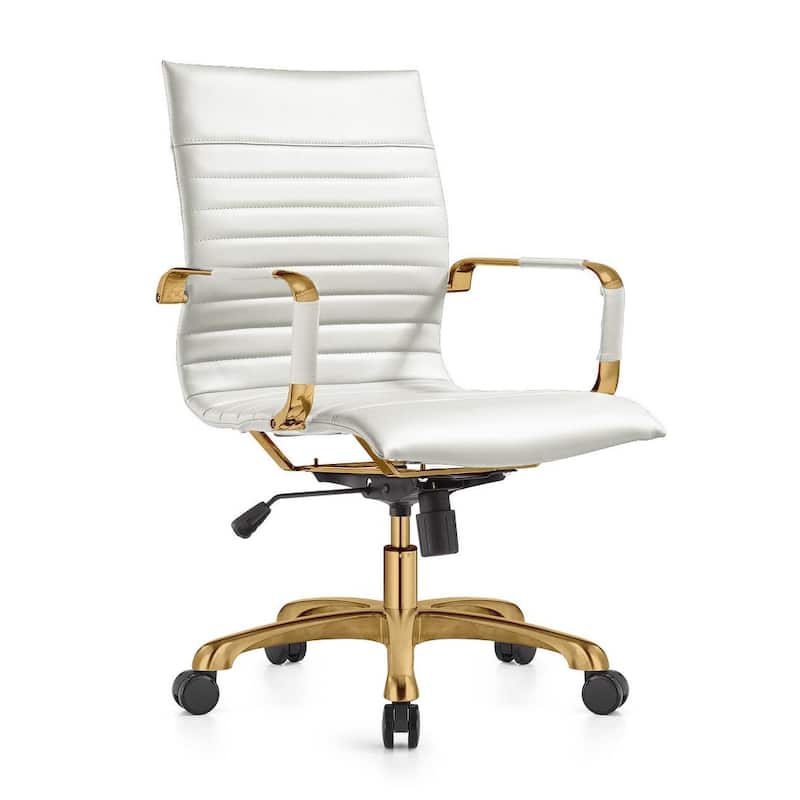 Harris Gold Frame Leather Office Chair with Padded Seat, Adjustable Height, Tilt Lock, 360° Swivel, and Smooth Rolling Casters - White