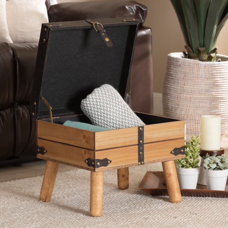 Amena Dark Brown PU Leather and Oak Wood Small Storage Ottoman