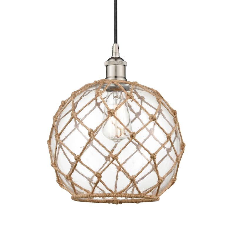Innovations Lighting 616-1P-13-10 Farmhouse Pendant Farmhouse 10" Wide - Polished Nickel / Clear Glass / Brown Rope