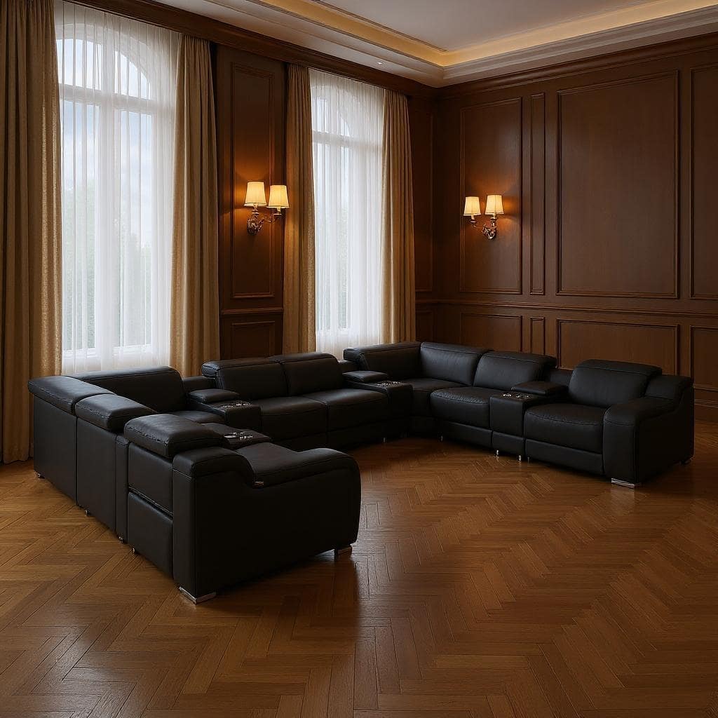 HomeRoots Black Italian Leather Power Reclining U Shaped Twelve Piece Corner Sectional With Console