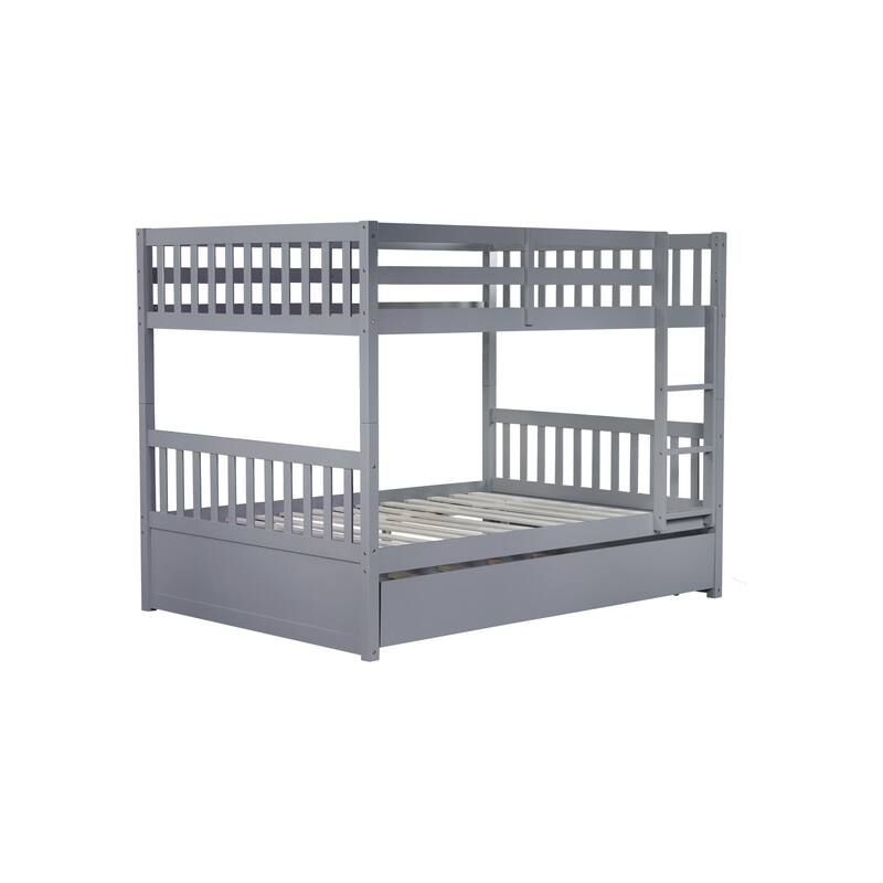 Roomfitters Full Over Full Rubber Wood Bunk Bed with Trundle, Convertible to Two Full Beds with Ladder and Guardrails