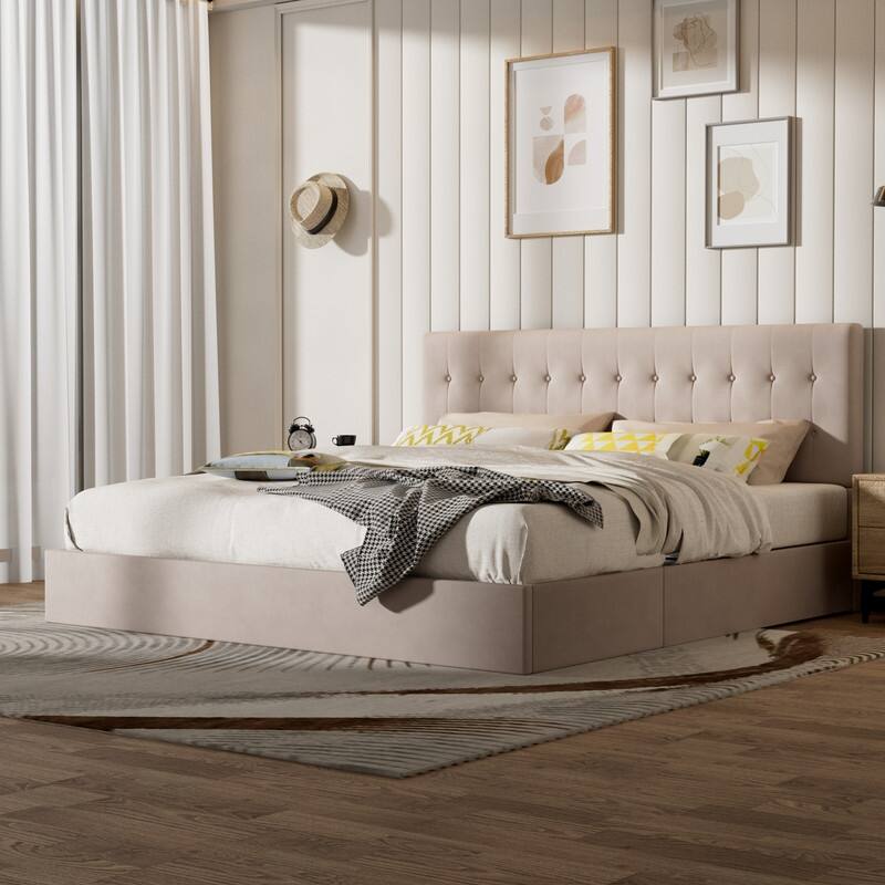 Plywood Frame Upholstered Platform Bed with Lift-up Storage - Khaki - King