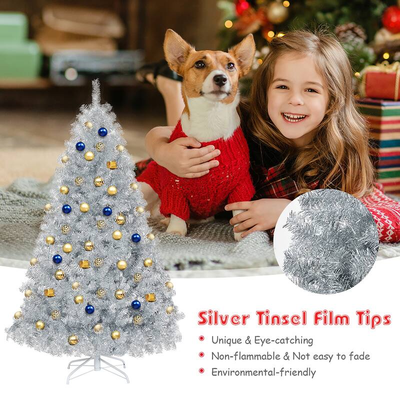 Costway 6Ft Hinged Unlit Artificial Silver Tinsel Christmas Tree - 6 FT