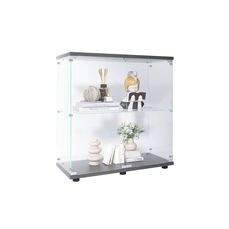 One-Door Glass Display Cabinet with 3 Shelves, Floor Standing Curio Bookshelf with Tempered Glass for Living Room Bedroom Office