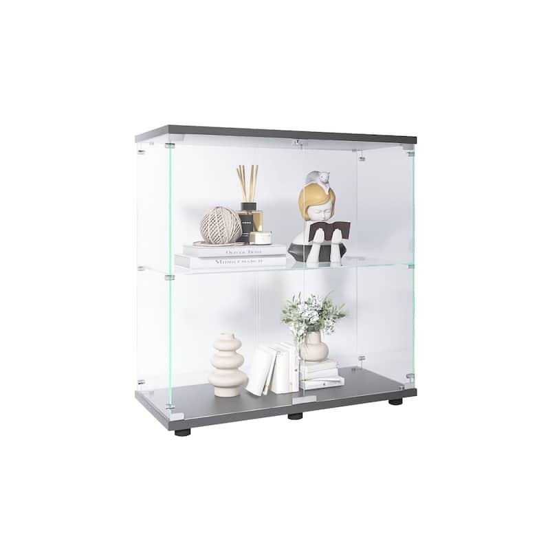 Two-door Glass Display Cabinet 2 Shelves with Door, Floor Standing Curio Bookshelf