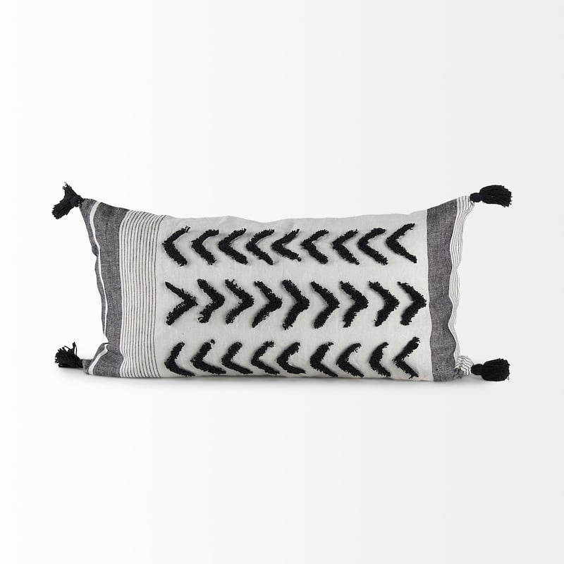 Kimia 14L x 26W White, Gray, and Black Fabric Herringbone and Fringed Decorative Pillow Cover