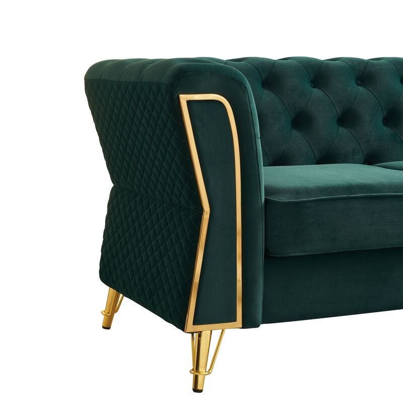 Mid-century Couch Velvet Upholstered Sofa with Button Tufted Backrest, Unique Armrest Design and Golden Metal Decor