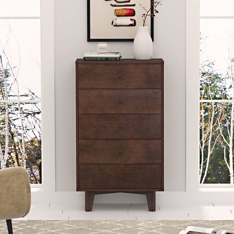 Modern Auburn Solid Wood Dresser Chest of Drawers with Retro Round Handle