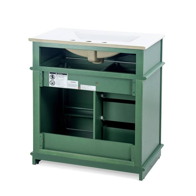 30" Bathroom Vanity with Ceramic Sink, Bathroom Vanity Cabinet with 3 Drawers, 1 Tip-out Drawer, Door Shelf & Soft Closing Door