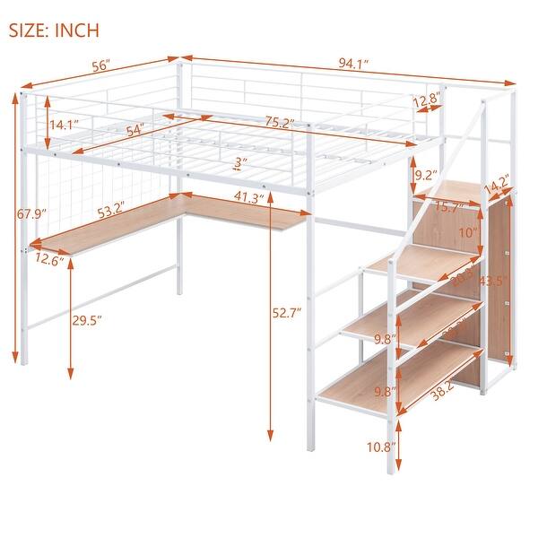 White Space Saving Loft Storage Bed w/ Desk Underneath, Full Metal Platform Bed w/ Metal Grid, Lateral Storage Ladder, Wardrobe