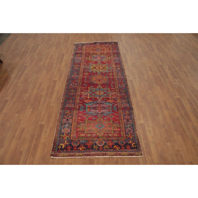 Hand Knotted Oriental 100% Wool Carpet Traditional Geometric Red Heriz Runner Rug - 10' 0'' X 3' 6''