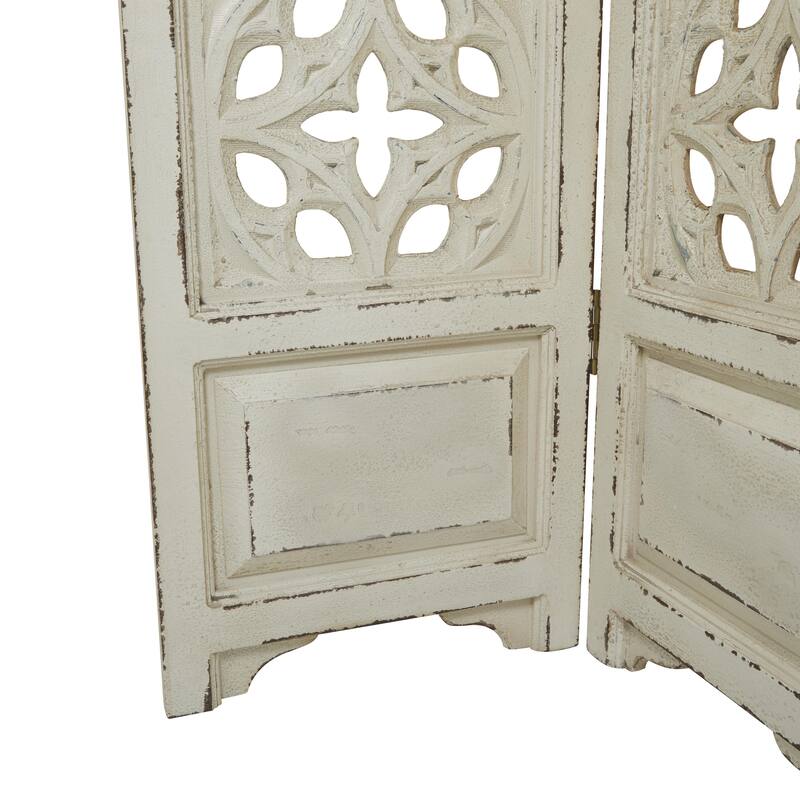 White Wood Hinged Foldable Partition 3 Panel Floral Room Divider Screen with Intricately Carved Designs - 45 x 1 x 75