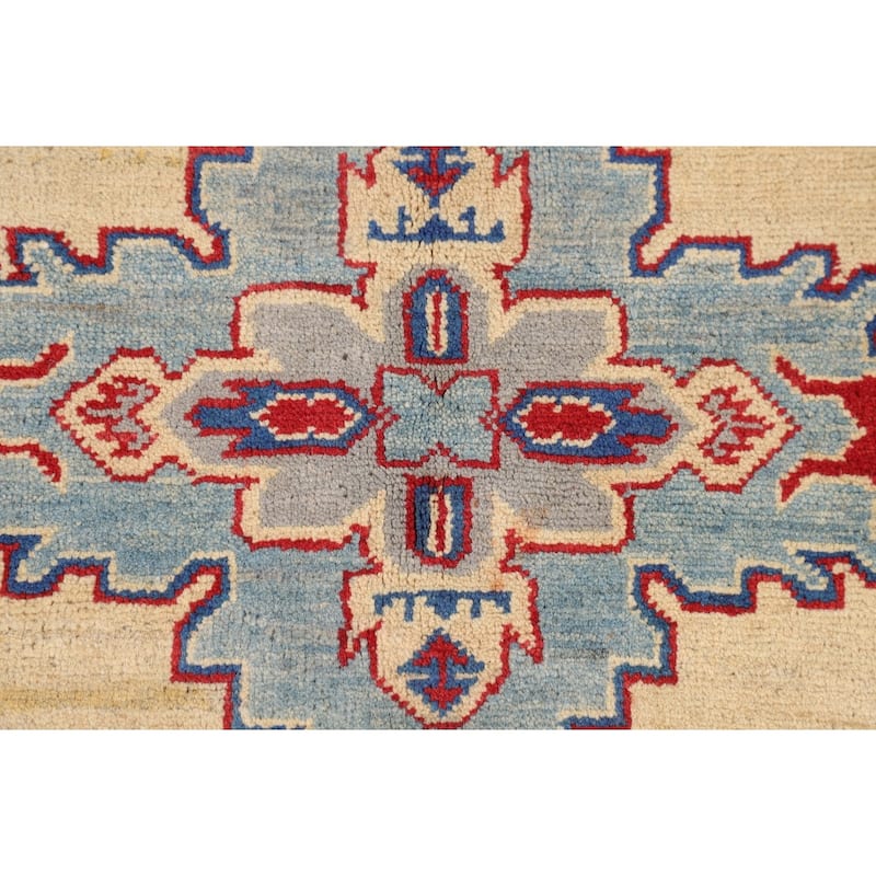 Geometric Beige Kazak Area Rug Hand-Knotted Bedroom Wool Carpet - 4'10" x 6'5"