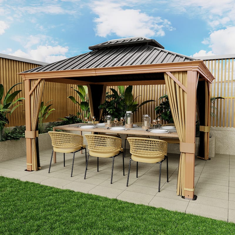 12x10ft Outdoor Double-Roof Aluminum Gazebo with Curtains and Mosquito Netting - Beige