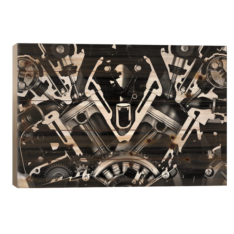 Car Engine Front Grayscale Print On Wood by Unknown Artist - Multi-Color - 18x26x1.5