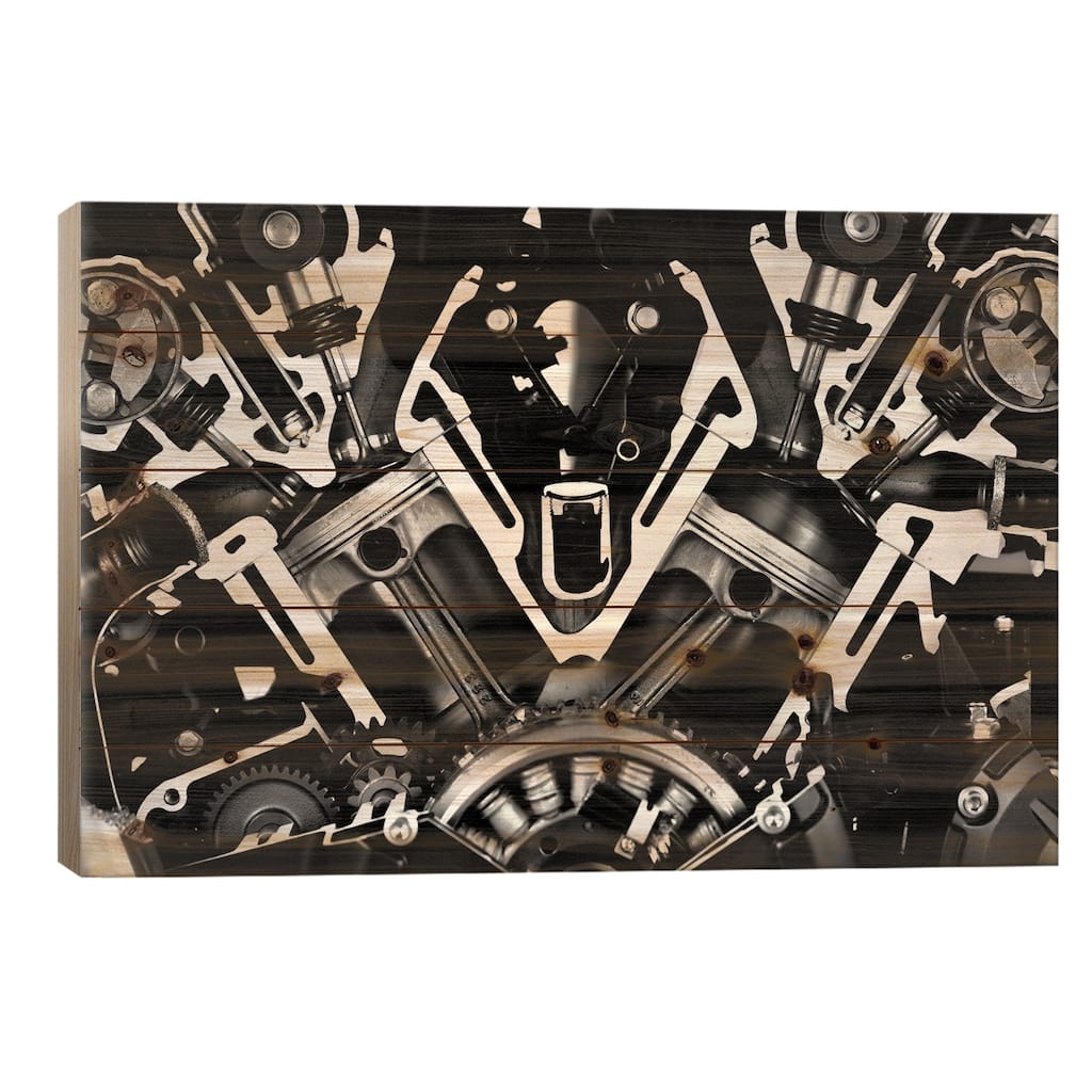 Car Engine Front Grayscale Print On Wood by Unknown Artist - Multi-Color