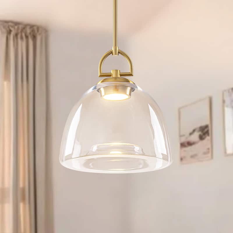 1-Light Modern Transitional Metal & Glass LED Pendant with Adjustable Height Clear Bell-Shade for Kitchen Island - Clear/Gold - 10.6" W x 13" H