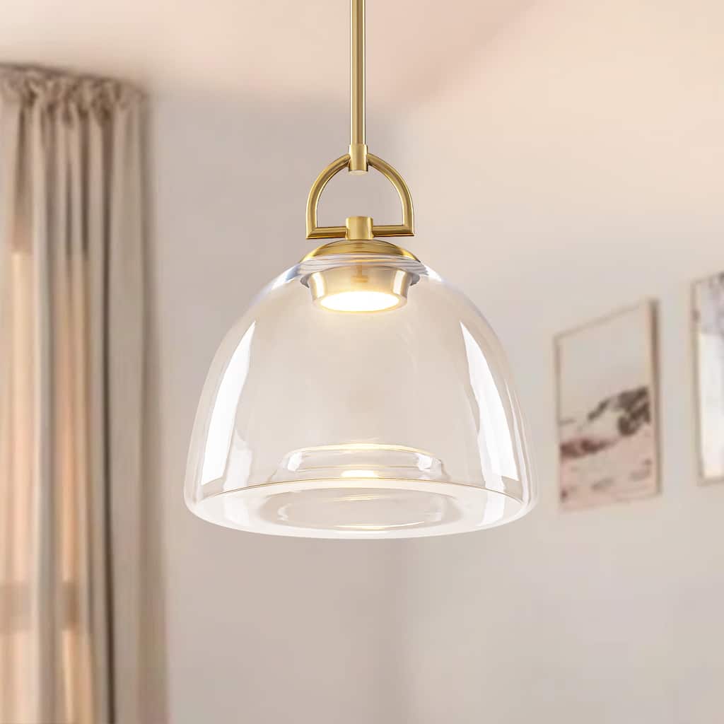1-Light Modern Transitional Metal & Glass LED Pendant with Adjustable Height Clear Bell-Shade for Kitchen Island