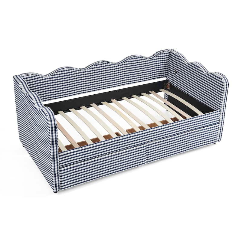 Twin Size Gingham Linen Upholstered Daybed with 2 Storage Drawers, USB Charging Station & Waved Arms