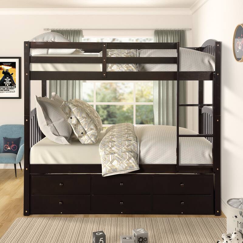 Twin Bunk Bed with Ladder, Safety Rail, and Trundle with 3 Drawers for Teens and Guest Rooms