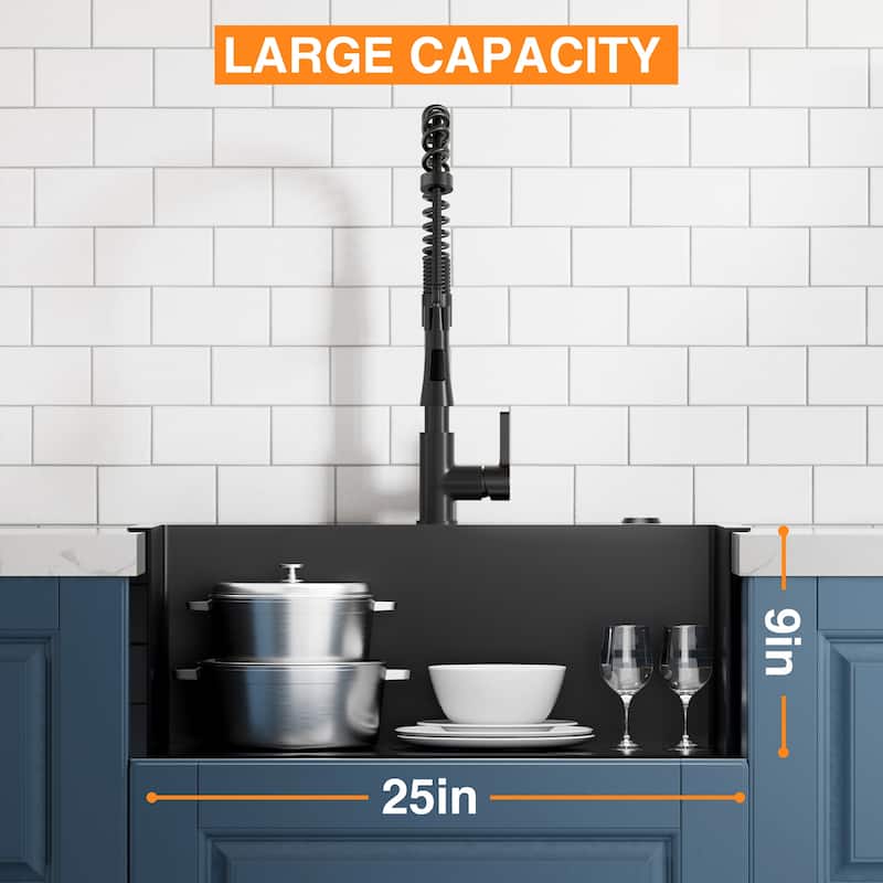 25 inch Drop-in Single Bowl Kitchen Sink, 18 Gauge Stainless Steel Kitchen Sink, Handmade Topmount Sink