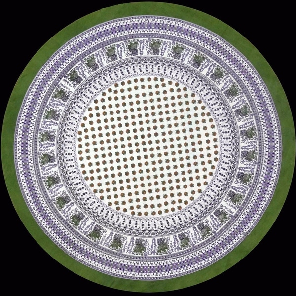Handmade 100% Cotton Elephant Mandala Floral Print 60" Round Tablecloth Olive Green Purple & Azure Blue Green