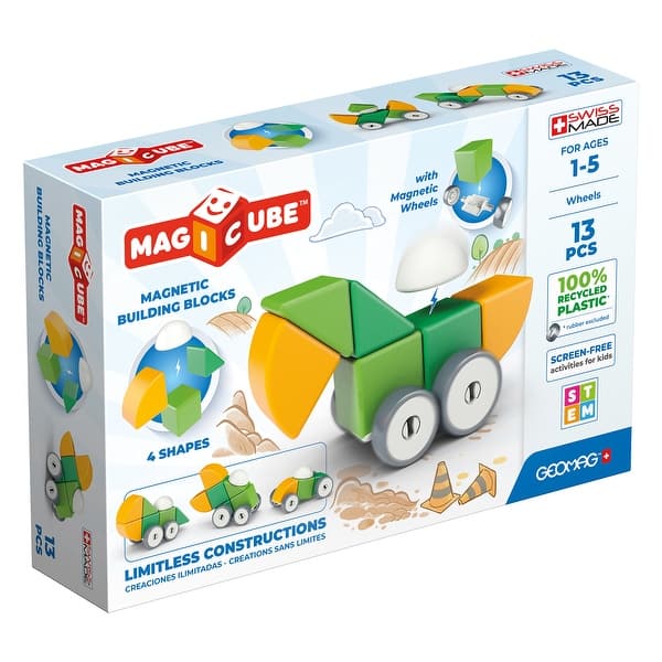slide 2 of 7, Geomag Magicubes Shapes Magnetic Building Blocks Recycled, 13 Pieces Green, Yellow, White - Kids