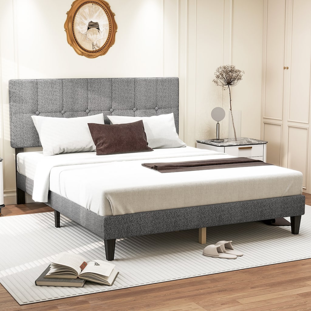 Full Bed Frame with Adjustable Headboard, No Box Spring Needed, Linen Upholstered Platform Bed Frame with Wood Slats Support