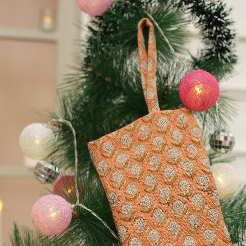 Fabdivine Handmade Linen Floral Block Print Christmas Stocking Home Décor Perfect for Gift - 10"X4.5"