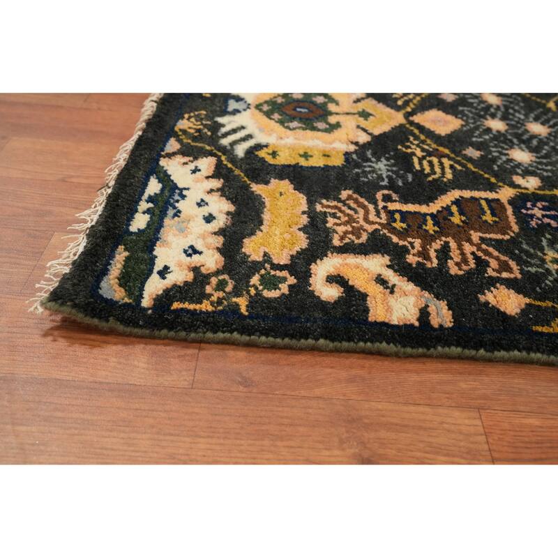 Hand-knotted Transitional Wool Carpet Black Oushak Rug Oriental Carpet Floral Area Rug Oriental Carpet - 7' 11'' X 2' 6''