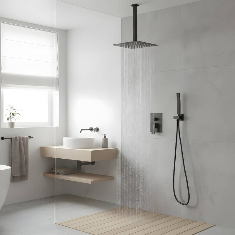 Ceiling-Mounted Square Shower System and Handheld Showerhead Set - Matte Black