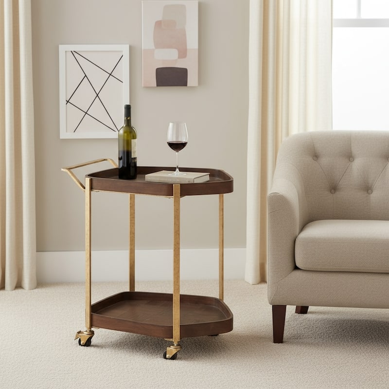 HomeRoots 27" Walnut And Brass Wood and Steel Rolling Bar Cart - 27.00 in. x 26.80 in. x 18.00 in. - Brass/Walnut - Steel