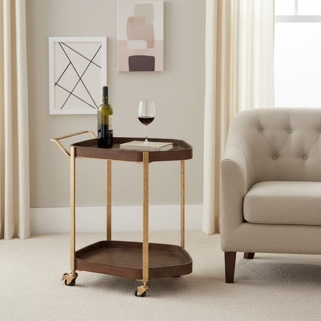 HomeRoots 27" Walnut And Brass Wood and Steel Rolling Bar Cart - 27.00 in. x 26.80 in. x 18.00 in.